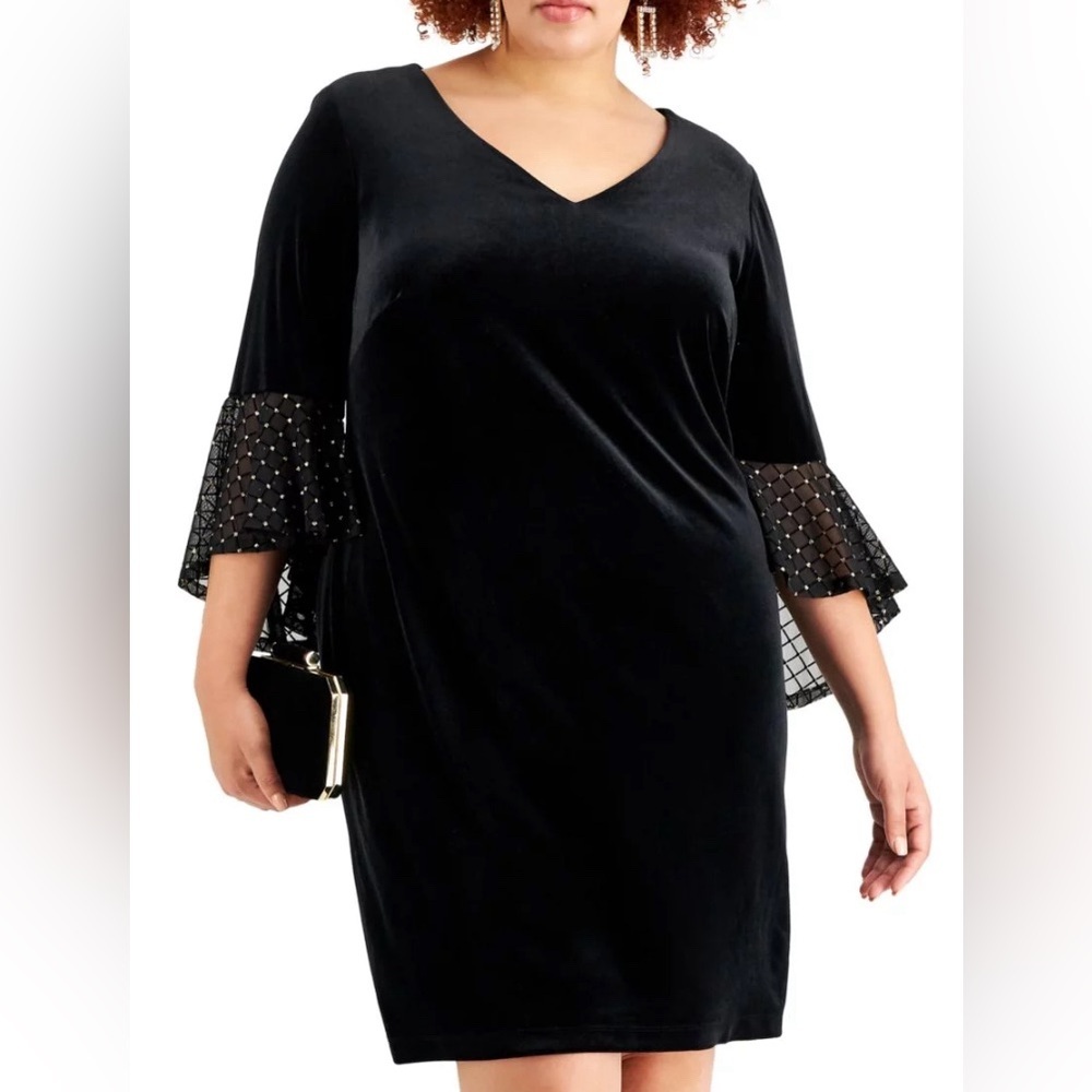 CONNECTED APPAREL Black Gold Velvet Ruffled 3/4 Sleeve Formal Dress Plus 14W,20W